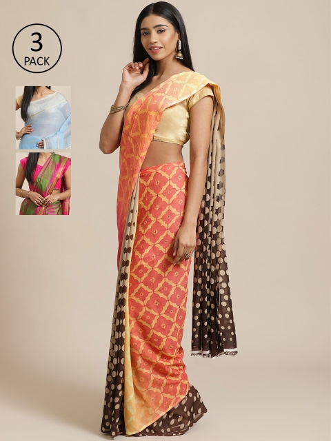 

KALINI Pack of 3 Printed Sarees, Peach