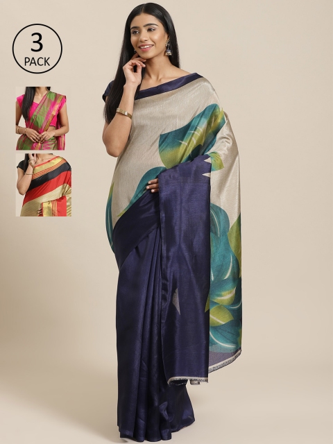 

KALINI Pack of 3 Printed Sarees, Navy blue