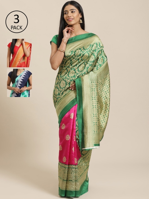 

KALINI Pack Of 3 Woven Design Mysore Art Silk Sarees, Green