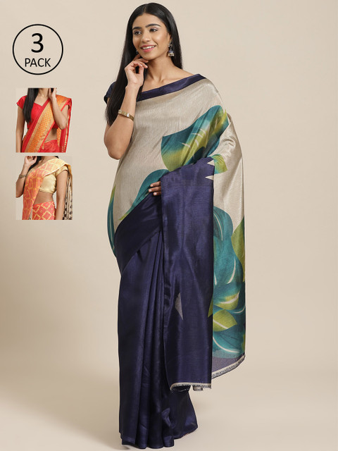 

KALINI Pack Of 3 Printed Mysore Art Silk Sarees, Navy blue