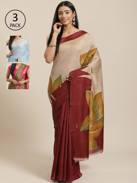 

KALINI Pack of 3 Printed Sarees, Beige