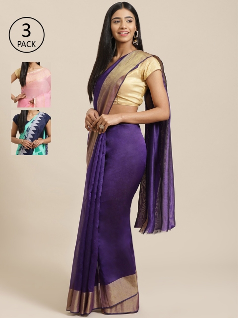 

KALINI Pack Of 3 Solid Mysore Art Silk Sarees, Purple