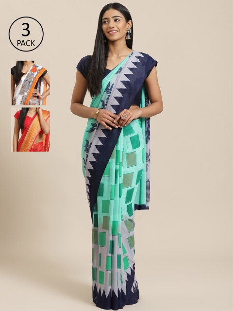 

KALINI Pack of 3 Printed Sarees, Sea green