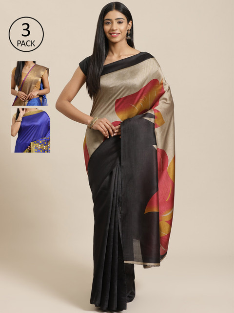 

KALINI Pack of 3 Solid Saree, Black