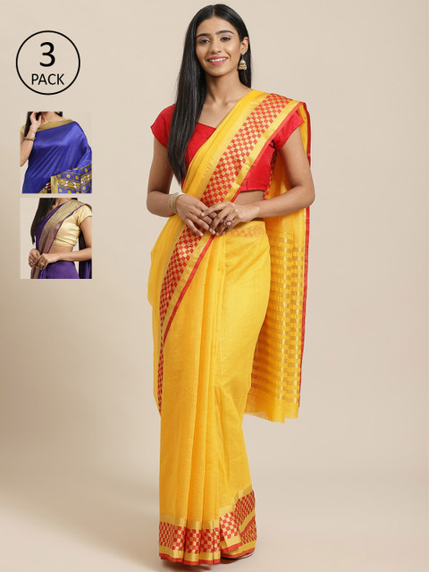 

KALINI Pack Of 3 Striped Silk Cotton Sarees, Yellow