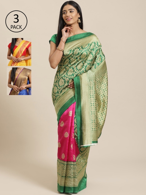 

KALINI Pack of 3 Printed Sarees, Green