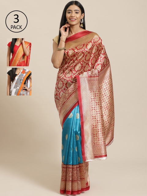

KALINI Pack Of 3 Woven Design Mysore Art Silk Sarees, Red