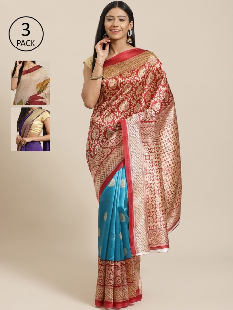 

KALINI Pack of 3 Printed Sarees, Red