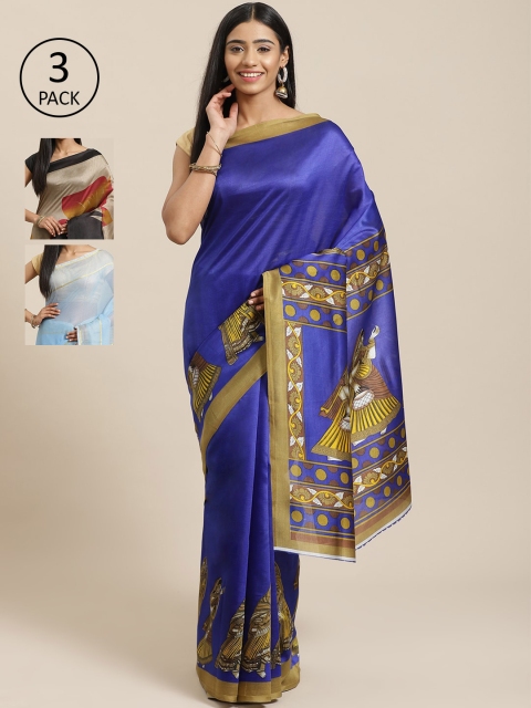 

KALINI Pack of 3 Printed Art Silk Saree, Blue