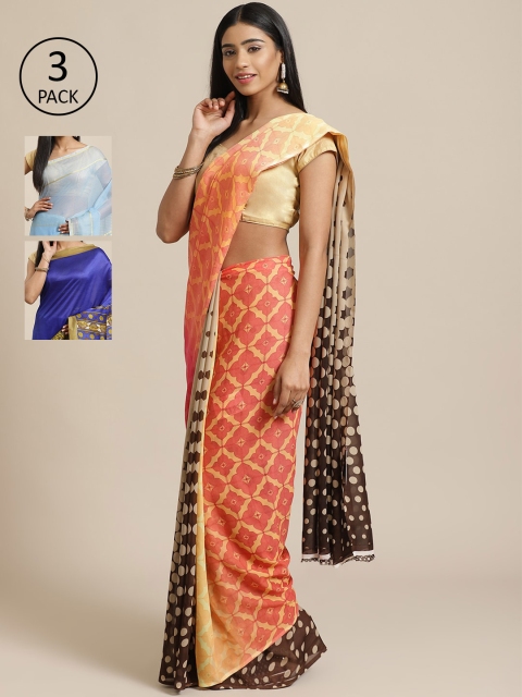 

KALINI Pack Of 3 Printed Poly Georgette Sarees, Peach