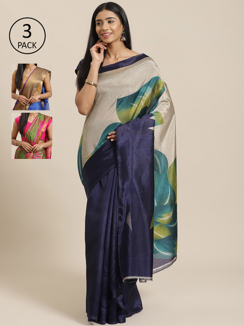 

KALINI Pack of 3 Printed Sarees, Navy blue