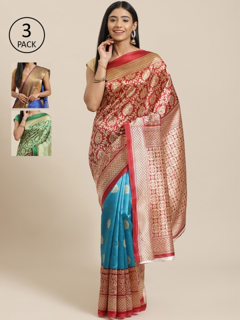 

KALINI Pack of 3 Woven Design Saree, Red