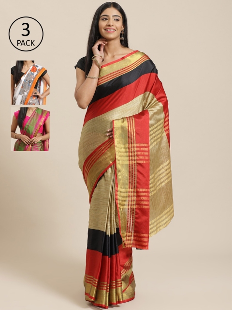 

KALINI Pack Of 3 Striped Art Silk Sarees, Beige