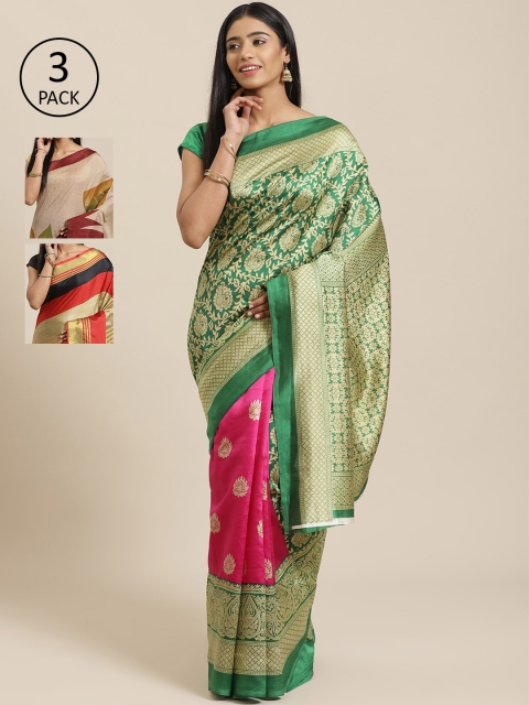 

KALINI Pack of 3 Printed Sarees, Green