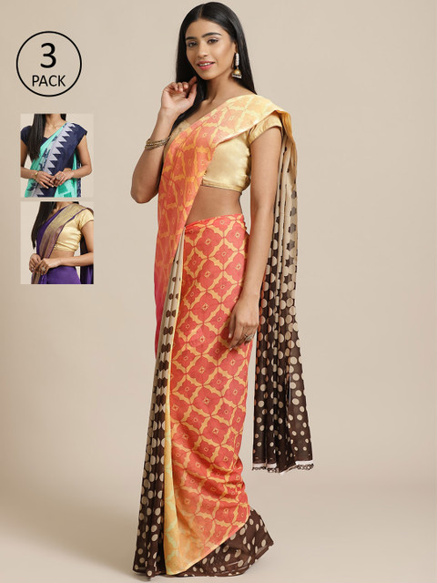 

KALINI Pack of 3 Printed Saree, Peach