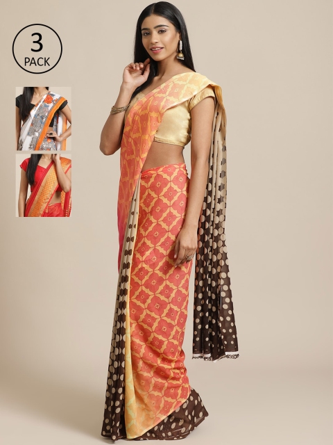 

KALINI Pack Of 3 Printed Poly Georgette Sarees, Peach