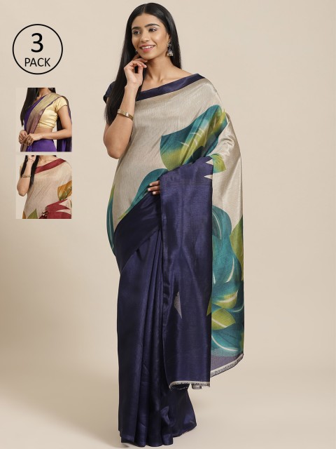 

KALINI Pack of 3 Printed Sarees, Navy blue