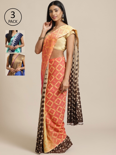 

KALINI Pack Of 3 Printed Poly Georgette Sarees, Peach
