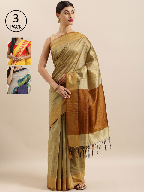 

KALINI Pack of 3 Printed Sarees, Beige