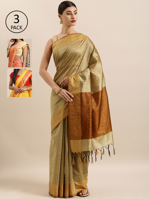 

KALINI Pack of 3 Printed Saree, Beige