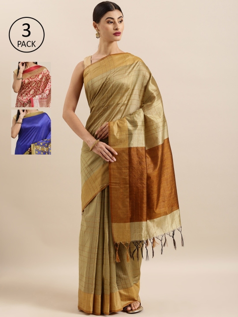 

KALINI Pack Of 3 Checked Tussar Art Silk Sarees, Beige