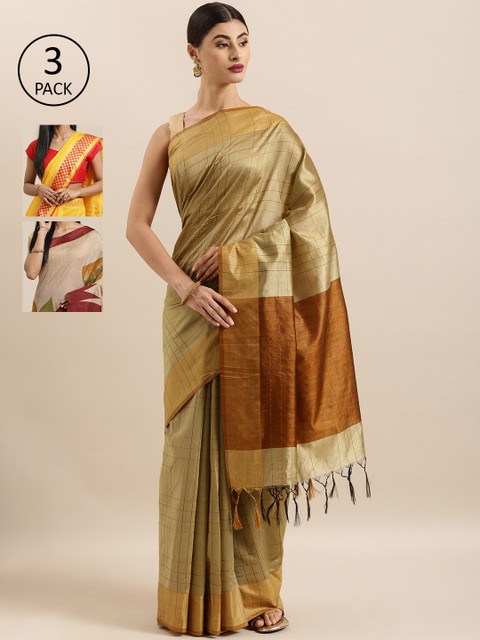

KALINI Pack of 3 Printed Sarees, Beige
