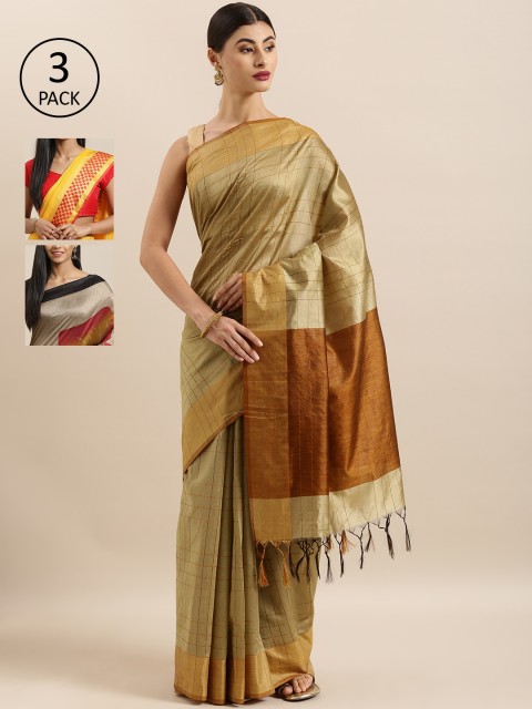 

KALINI Pack of 3 Beige & Brown Sarees