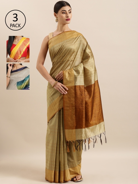 

KALINI Pack of 3 Checked Tussar Art Silk Saree, Yellow