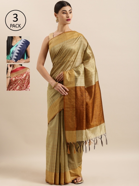 

KALINI Pack Of 3 Printed Art Silk Sarees, Gold