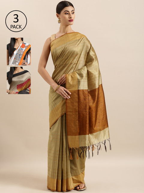 

KALINI Pack of 3 Beige & Brown Tussar Silk Sarees