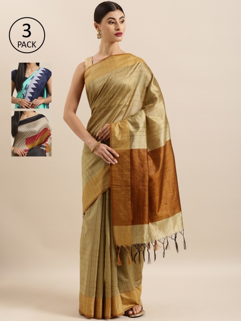 

KALINI Pack of 3 Checked Art Silk Tussar Saree, Beige