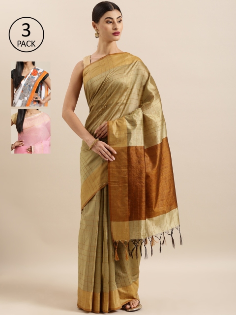 

KALINI Pack Of 3 Checked Art Silk Sarees, Gold