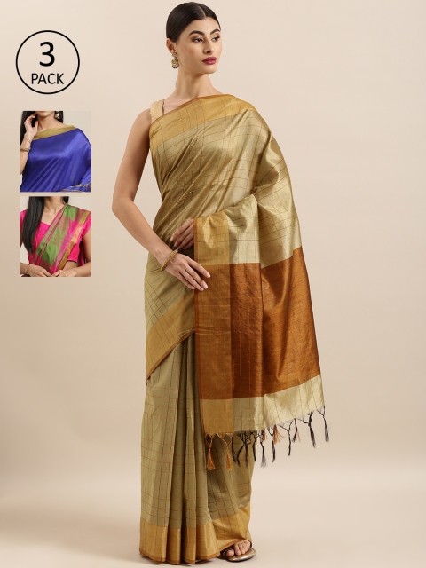 

KALINI Beige & Multicoloured Art Silk Set of 3 Tussar Saree