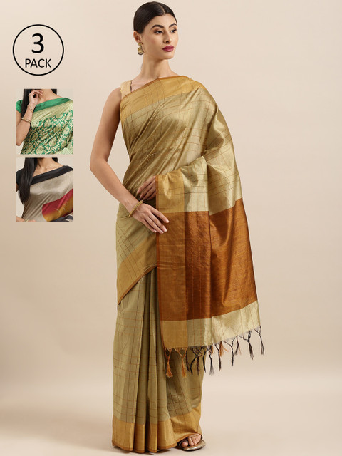 

KALINI Pack Of 3 Printed Art Silk Sarees, Beige