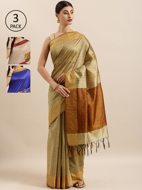 

KALINI Beige & Brown Art Silk Set of 3 Tussar Saree