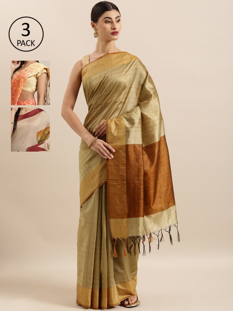 

KALINI Pack of 3 Beige & Brown Tussar Silk Sarees