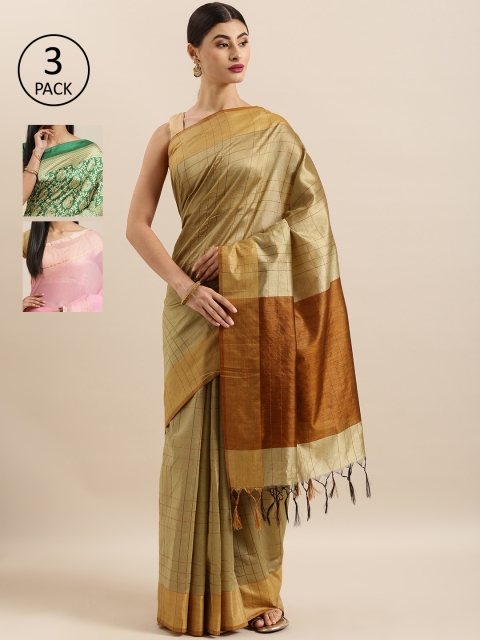 

KALINI Pack of 3 Checked Art Silk Tussar Saree, Green