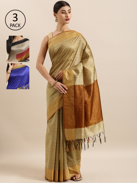 

KALINI Pack Of 3 Checked Art Silk Sarees, Gold