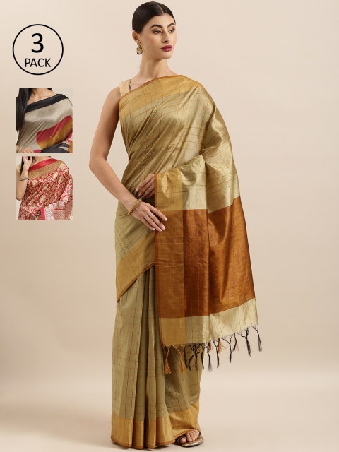 

KALINI Beige & Multicoloured Art Silk Set of 3 Tussar Saree