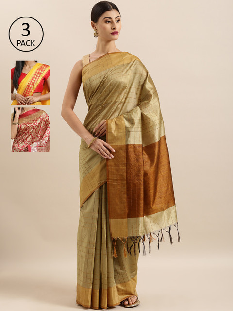 

KALINI Pack of 3 Checked Art Silk Tussar Saree, Yellow