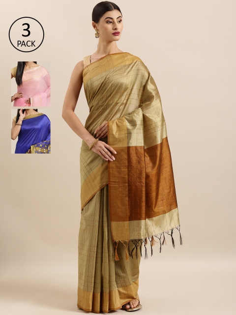 

KALINI Pack Of 3 Checked Tussar Art Silk Sarees, Beige