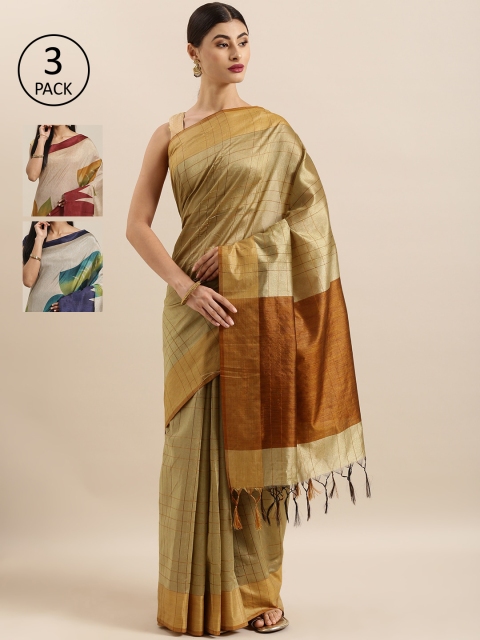 

KALINI Pack of 3 Printed Sarees, Beige