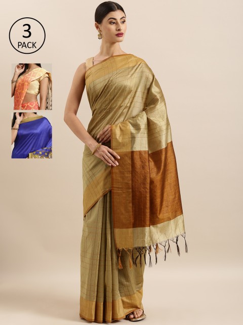 

KALINI Pack Of 3 Checked Tussar Art Silk Sarees, Beige