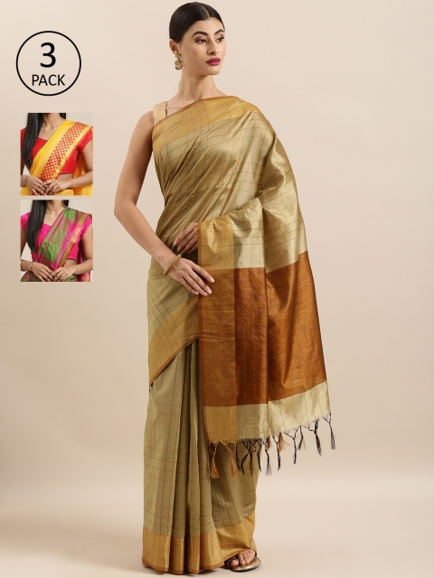 

KALINI Pack of 3 Printed Sarees, Beige