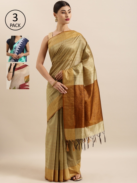 

KALINI Pack Of 3 Checked Tussar Art Silk Sarees, Beige