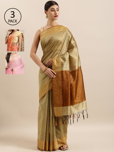 

KALINI Pack of 3 Printed Sarees, Beige