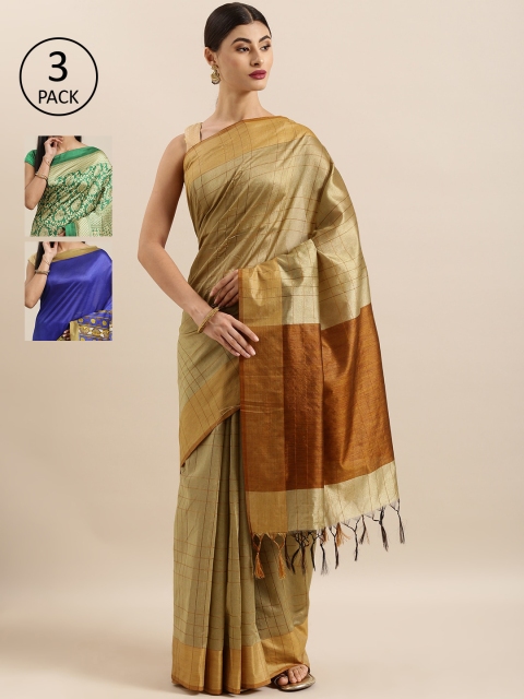 

KALINI Pack of 3 Woven Design Saree, Beige