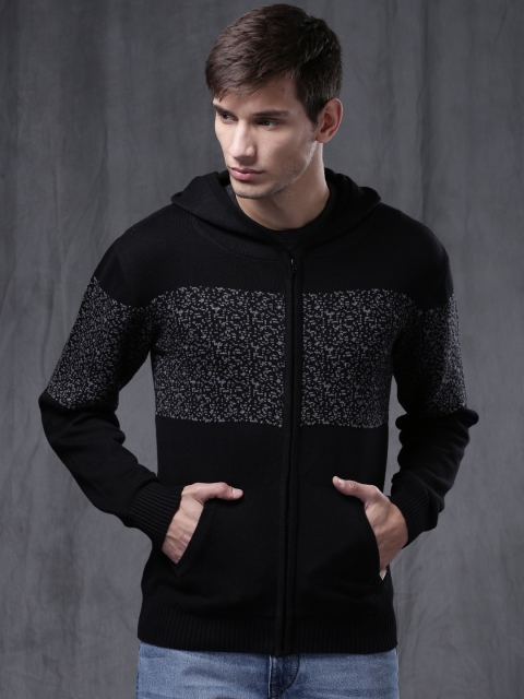 

WROGN Black Patterned Hooded Cardigan
