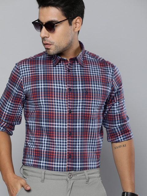 

Indian Terrain Men Navy Blue & Orange Checked Slim Fit Semi-Formal Shirt