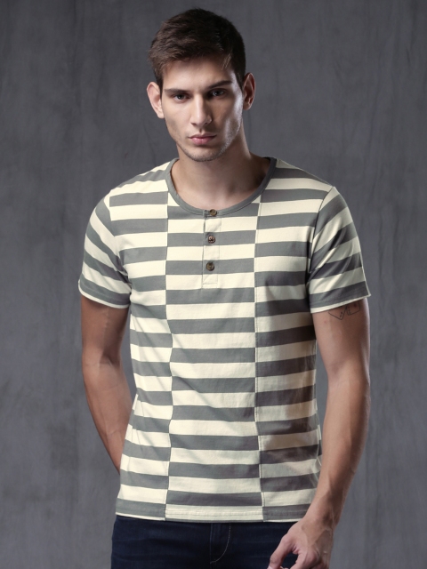 

WROGN Men White & Grey Striped Henley Neck T-Shirt